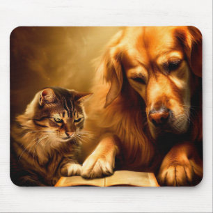 Cat and dog reading a book mouse mat
