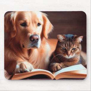 Cat and dog reading a book mouse mat