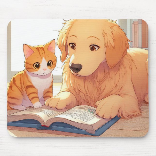 Cat and dog reading a book mouse mat (Front)