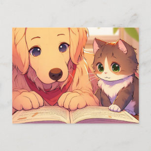 Cat and dog reading a book postcard
