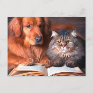 Cat and dog reading a book postcard
