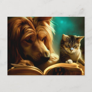 Cat and dog reading a book postcard