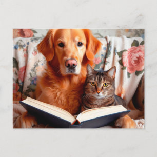 Cat and dog reading a book postcard
