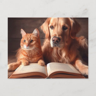 Cat and dog reading a book postcard