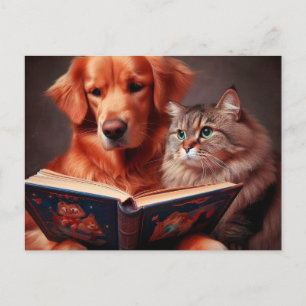 Cat and dog reading a book postcard