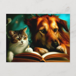 Cat and dog reading a book postcard