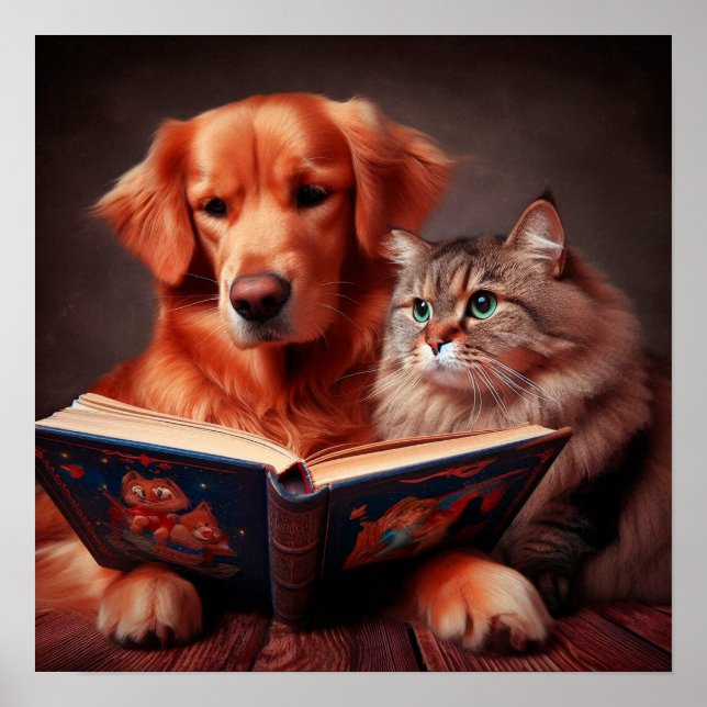Cat and dog reading a book poster (Front)