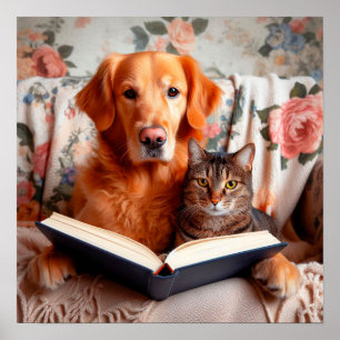 Cat and dog reading a book poster