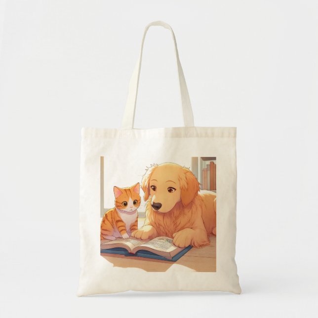 Cat and dog reading a book tote bag (Front)