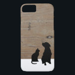 Cat and dog silhouette illustration wood name case<br><div class="desc">Illustrations of Cat and dog sitting,  waiting. Wooden background.
You can easily change the name.</div>