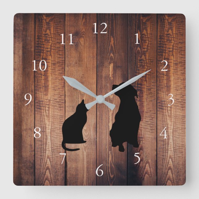 Cat and dog  silhouettes pets rustic wood square wall clock (Front)