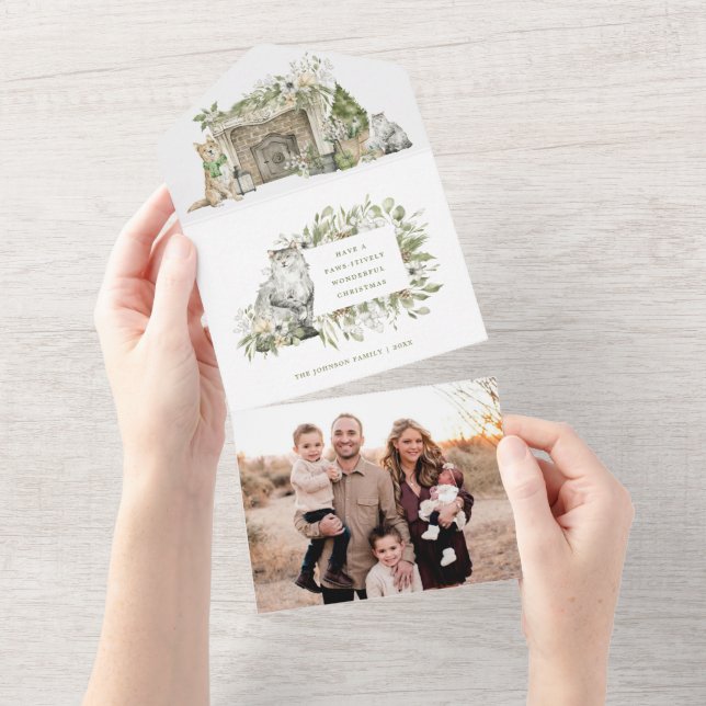 Cat and Dog Winter Fireplace Photo Christmas Card (Tearaway)