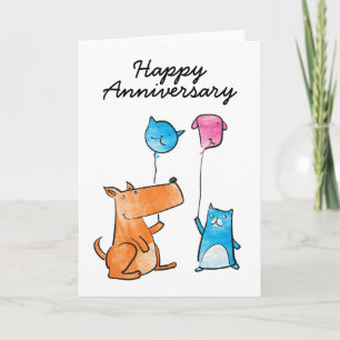Cat and Dog with Balloons Anniversary Card