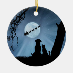 Cat and Dog With Santa And Sleigh Ceramic Tree Decoration