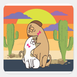 Cat and dog with sunset square sticker