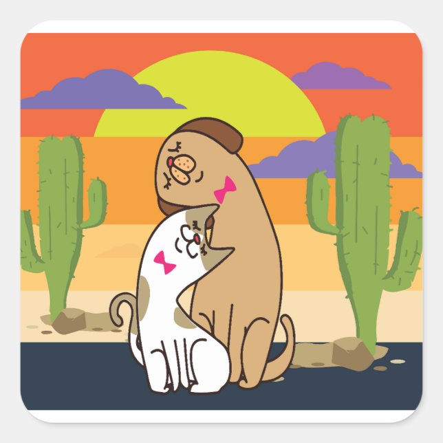 Cat and dog with sunset square sticker (Front)