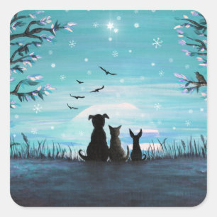 Cat and dogs Winter Sunset Square Sticker