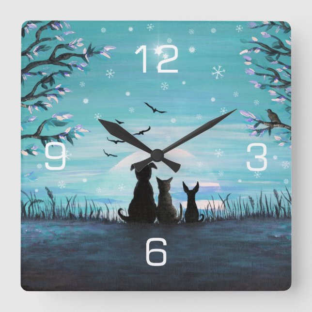 Cat and dogs Winter Sunset Square Wall Clock (Front)