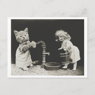 Cat and Doll at Water Pump Vintage Oddity Postcard