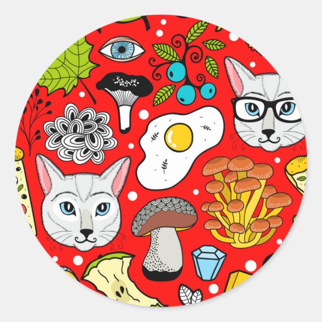Cat and egg on red classic round sticker (Front)