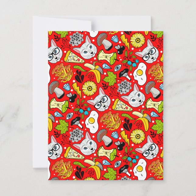 Cat and egg on red holiday card (Front)