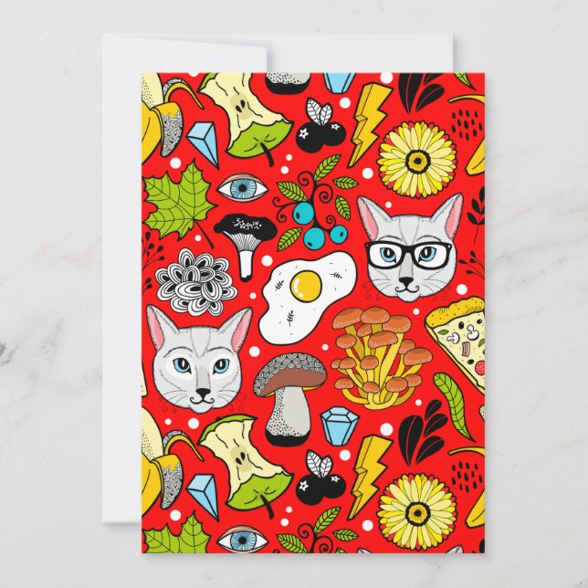 Cat and egg on red holiday card (Front)