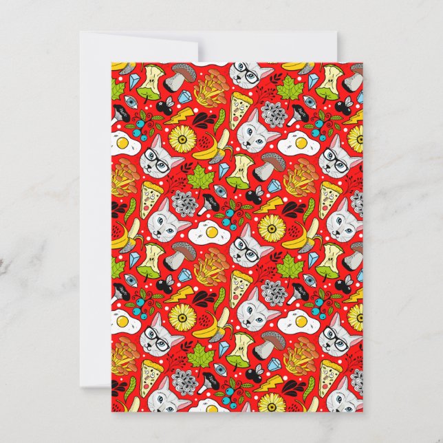 Cat and egg on red holiday card (Front)