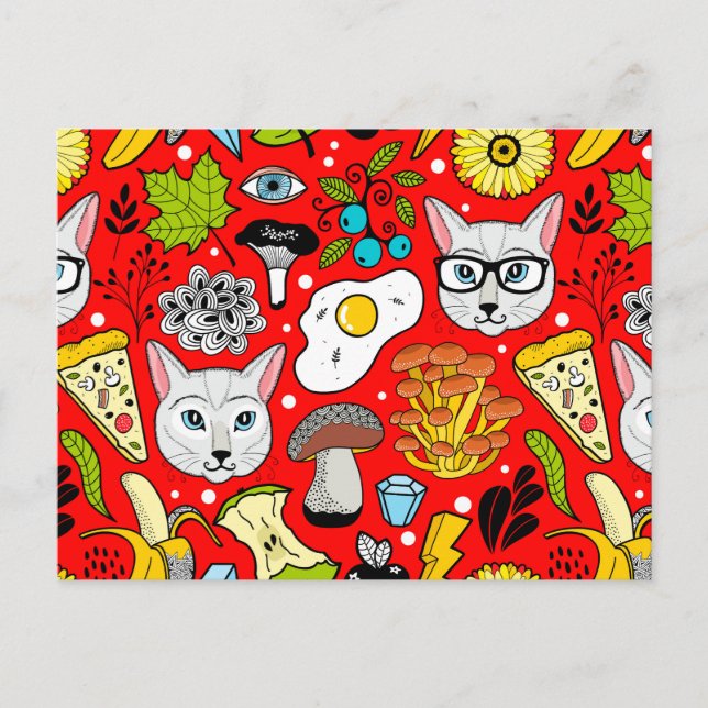 Cat and egg on red holiday postcard (Front)