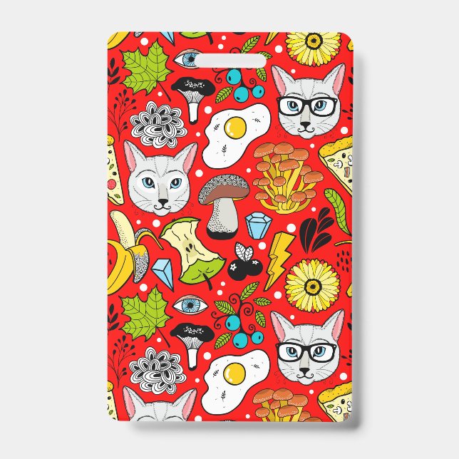 Cat and egg on red ID badge (Front)