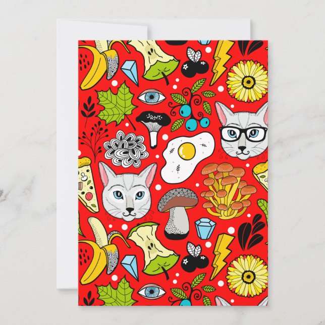 Cat and egg on red invitation (Front)
