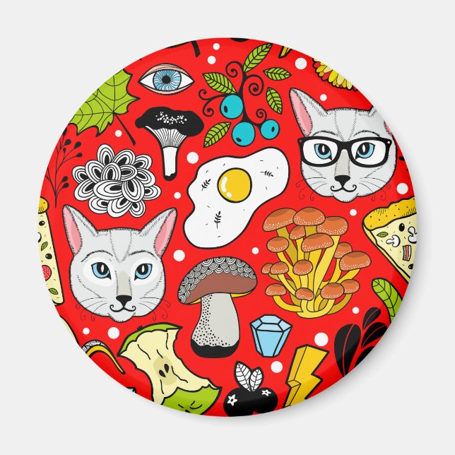 Cat and egg on red magnet (Front)