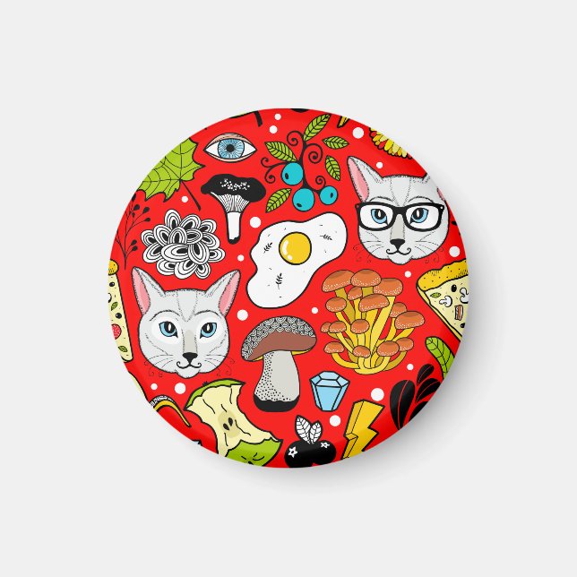 Cat and egg on red magnet (Front)