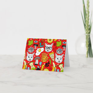 Cat and egg on red note card