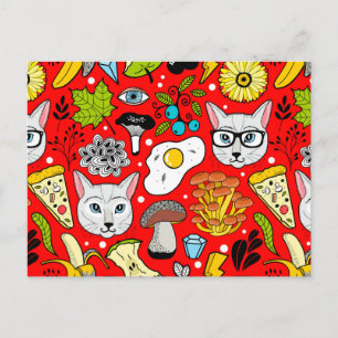 Cat and egg on red postcard