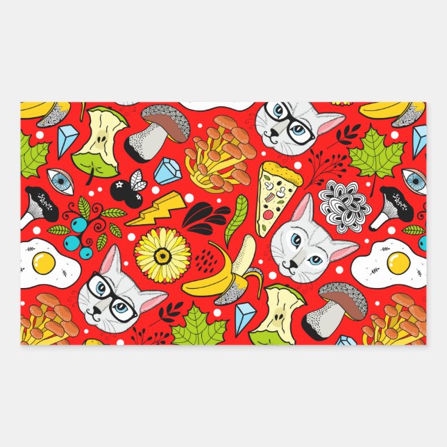 Cat and egg on red rectangular sticker (Front)