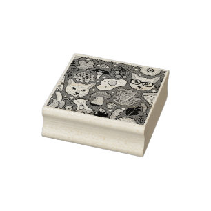 Cat and egg on red rubber stamp