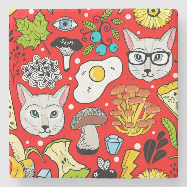 Cat and egg on red stone coaster (Front)