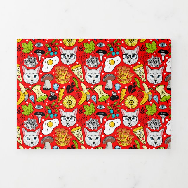 Cat and egg on red Tri-Fold invitation (Cover)