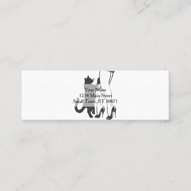 Cat and female legs - Choose background colour Mini Business Card (Front)