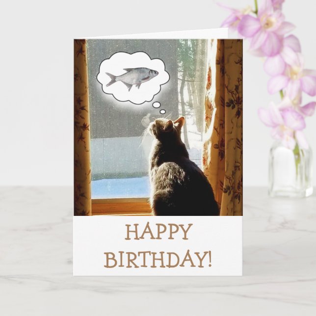 Cat And Fish Birthday Card (Orchid)