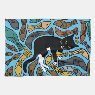 Cat and fish greeting tea towel unusual