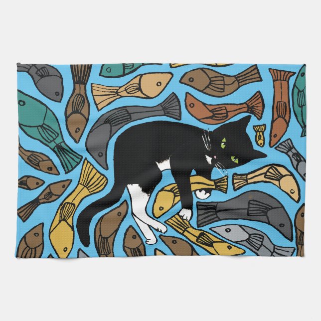Cat and fish greeting tea towel unusual (Horizontal)