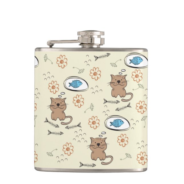 cat and fish pattern hip flask (Front)