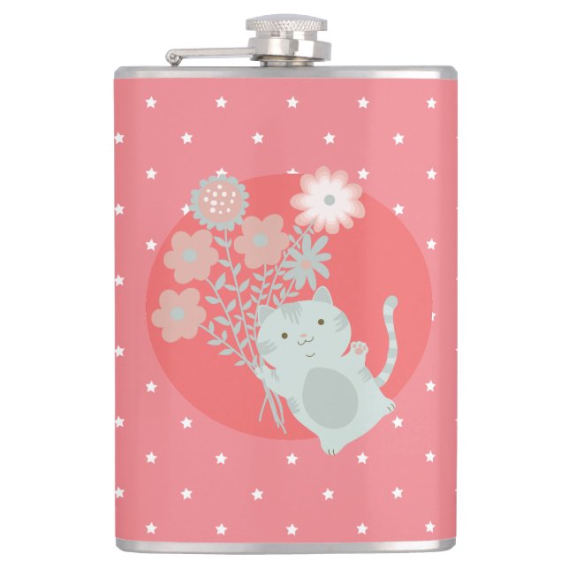 cat and flowers hip flask (Front)