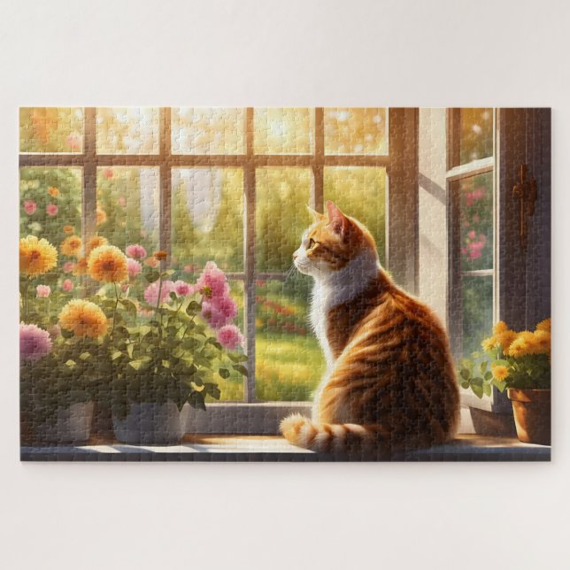Cat and Flowers in a Sunny Window Jigsaw Puzzle (Horizontal)