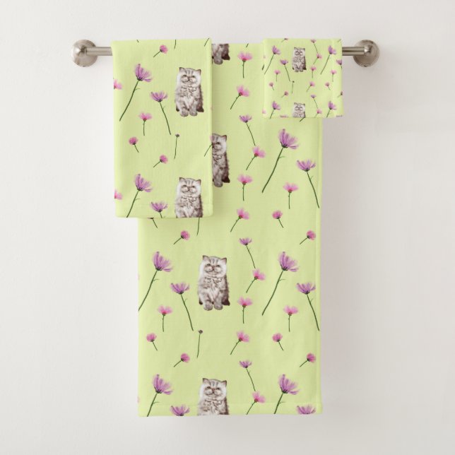 cat and flowers pattern bath towel set (Insitu)