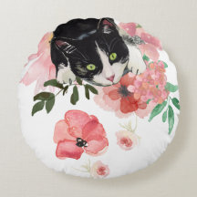 Cat and flowers Round Throw Pillow (16")