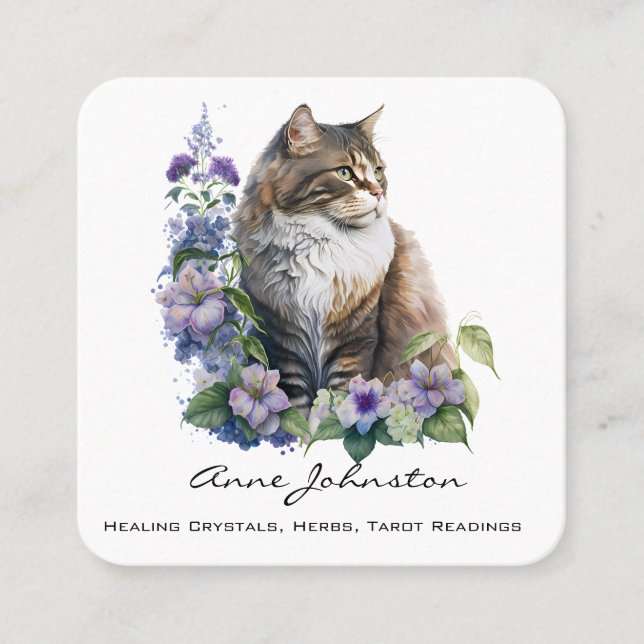 Cat and Flowers Square Business Card (Front)