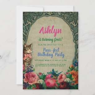 Cat and Flowers Vintage Invitation