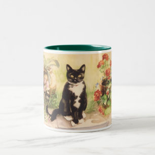 cat and geraniums Two-Tone coffee mug